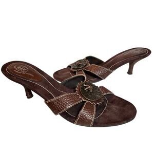 Dr. Scholl's Size 9 Brown Aztec Leather Kitten Heel Boho Sandals Vacation FLAWED